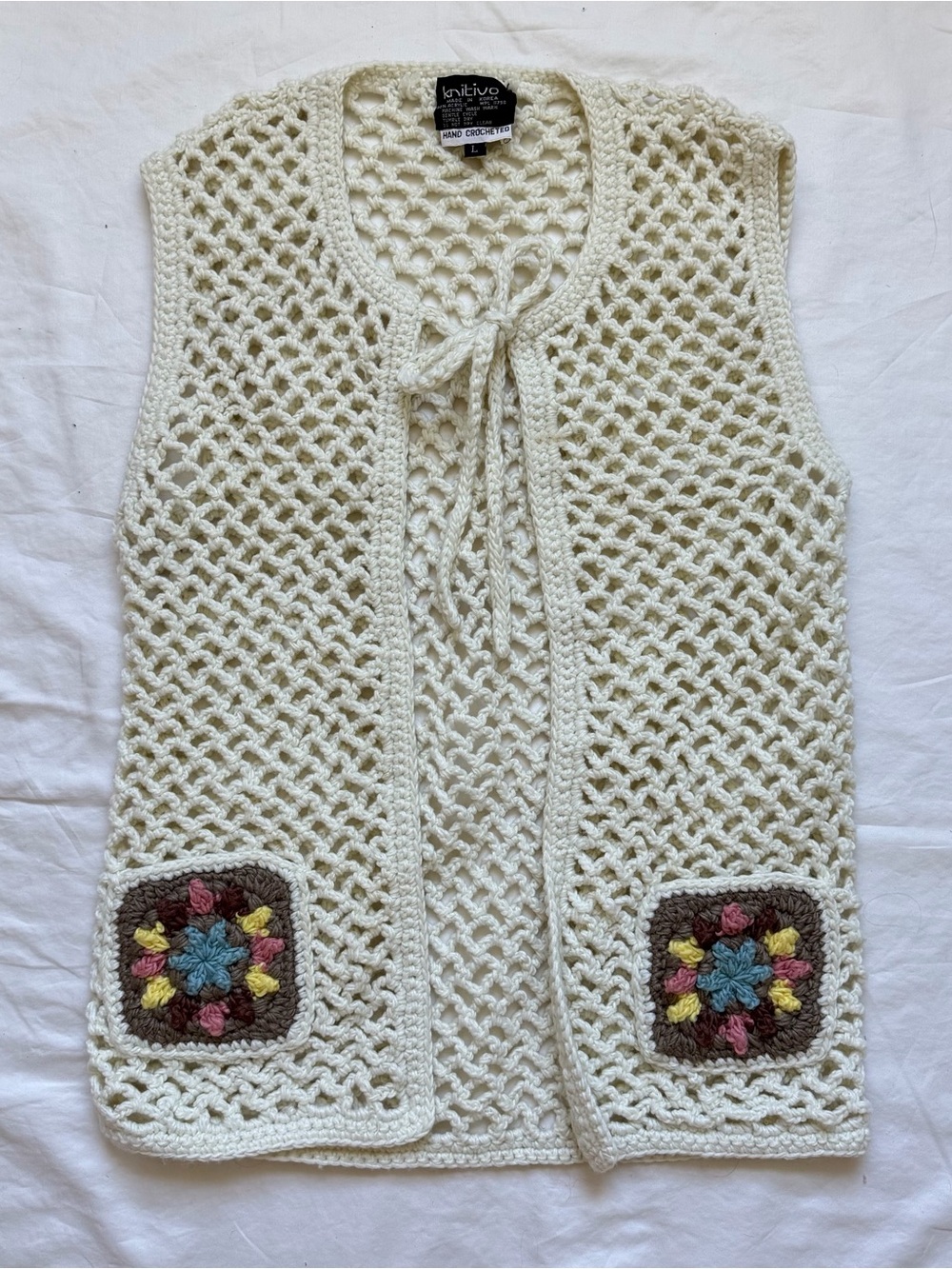 Vintage 70s Knitivo Hand Crocheted Knit Granny Square Vest Gillet